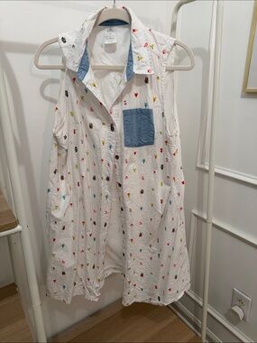 Disney White Midi Dress with Multicolor Micro Prints and Blue Pocket